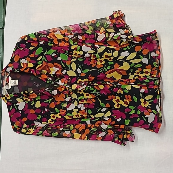 Edward Tops - 1990s 100% Silk Floral Sheer Lined Ruffled Collar 3/4 Sleeves Sz L
